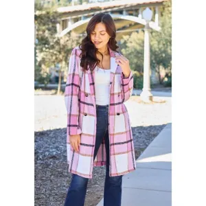Double Take Pink Plaid Button Up Jacket Pockets Fall NEW Misses