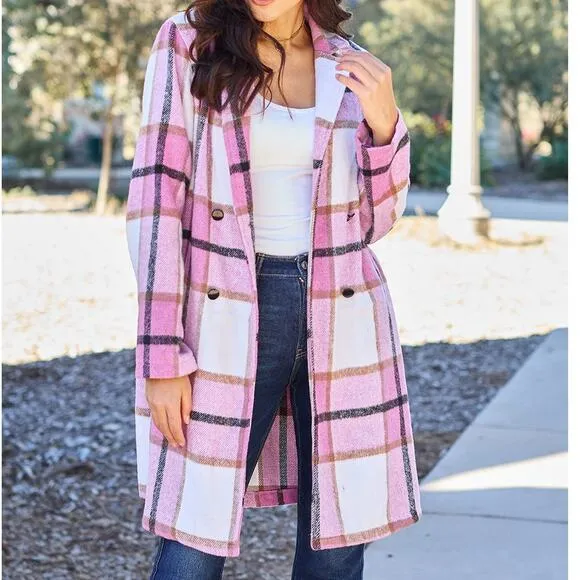 Double Take Pink Plaid Button Up Jacket Pockets Fall NEW Misses