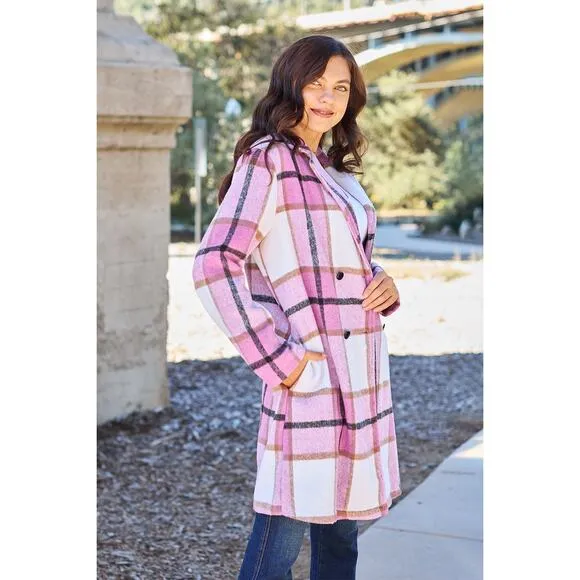 Double Take Pink Plaid Button Up Jacket Pockets Fall NEW Misses