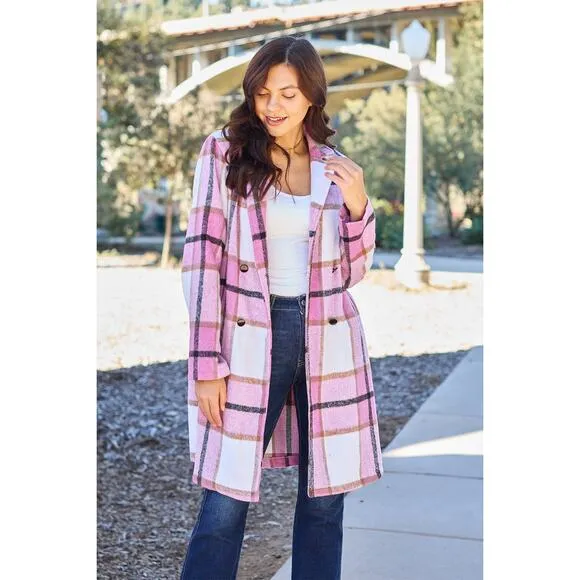 Double Take Pink Plaid Button Up Jacket Pockets Fall NEW Misses