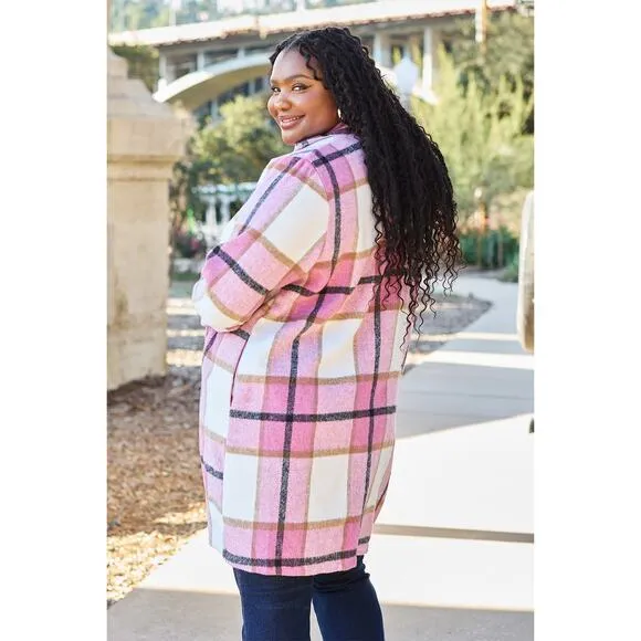 Double Take Pink Plaid Button Up Jacket Pockets Fall NEW Misses