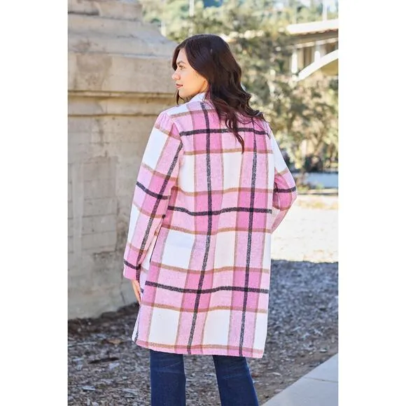 Double Take Pink Plaid Button Up Jacket Pockets Fall NEW Misses