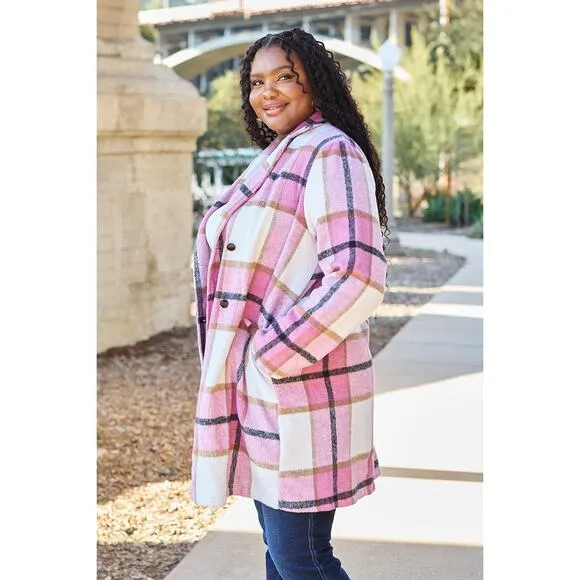 Double Take Pink Plaid Button Up Jacket Pockets Fall NEW Misses