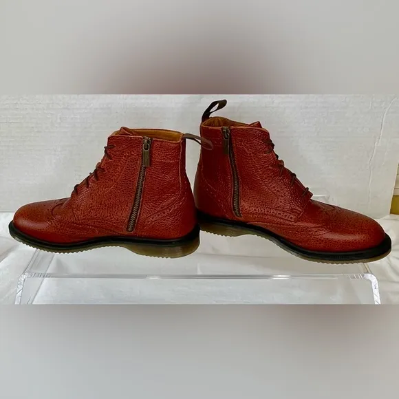 Dr. Martens Delphine Wingtip Boots, Chestnut Brown, EU 41, Women’s 9, Side Zip.