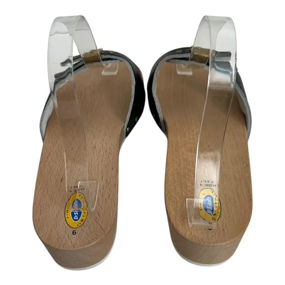 Dr Scholl’s Original Black Leather Wooden Clog Slide On Sandals Size 9