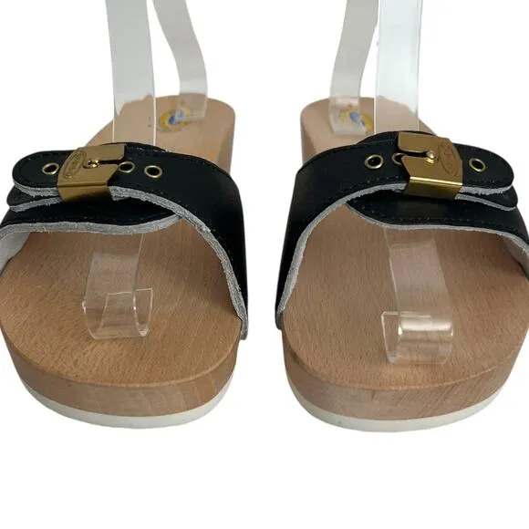 Dr Scholl’s Original Black Leather Wooden Clog Slide On Sandals Size 9