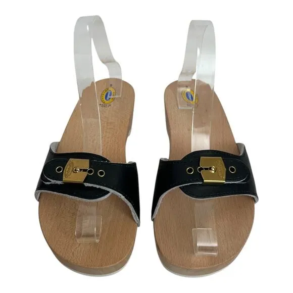 Dr Scholl’s Original Black Leather Wooden Clog Slide On Sandals Size 9