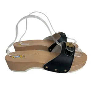 Dr Scholl’s Original Black Leather Wooden Clog Slide On Sandals Size 9