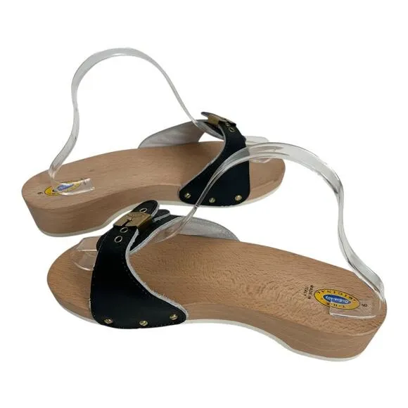 Dr Scholl’s Original Black Leather Wooden Clog Slide On Sandals Size 9