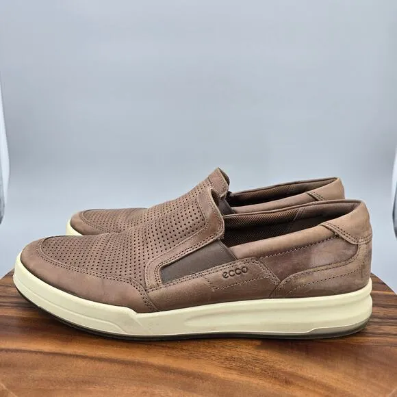 Ecco Shoes Men's 11 45 Brown Leather Perforated Jack Slip On Casual Sneakers