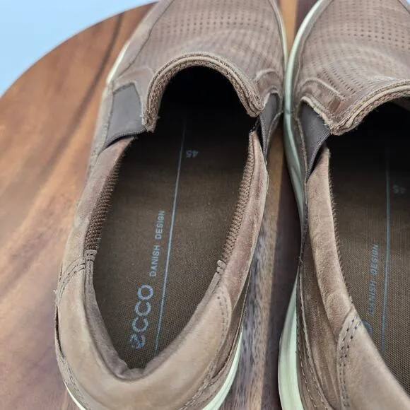 Ecco Shoes Men's 11 45 Brown Leather Perforated Jack Slip On Casual Sneakers