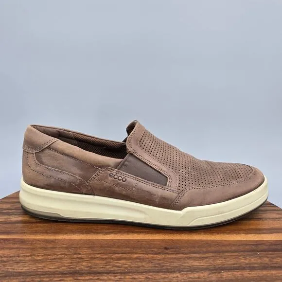 Ecco Shoes Men's 11 45 Brown Leather Perforated Jack Slip On Casual Sneakers