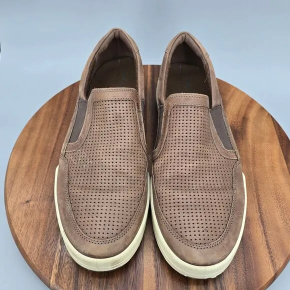Ecco Shoes Men's 11 45 Brown Leather Perforated Jack Slip On Casual Sneakers