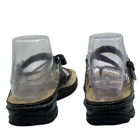 ECCO Women's 38 Living Thong Sandals Slip On Slides Leather Black Patent Croco