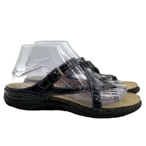 ECCO Women's 38 Living Thong Sandals Slip On Slides Leather Black Patent Croco