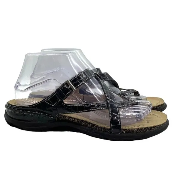 ECCO Women's 38 Living Thong Sandals Slip On Slides Leather Black Patent Croco