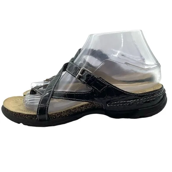 ECCO Women's 38 Living Thong Sandals Slip On Slides Leather Black Patent Croco