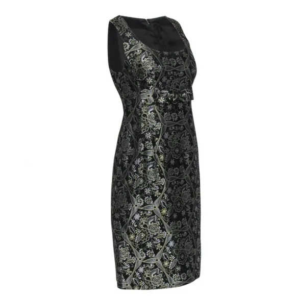 Ecetera Black Metallic Multi Jacquard Print 60's Style Babydoll Bow Fitted Dress