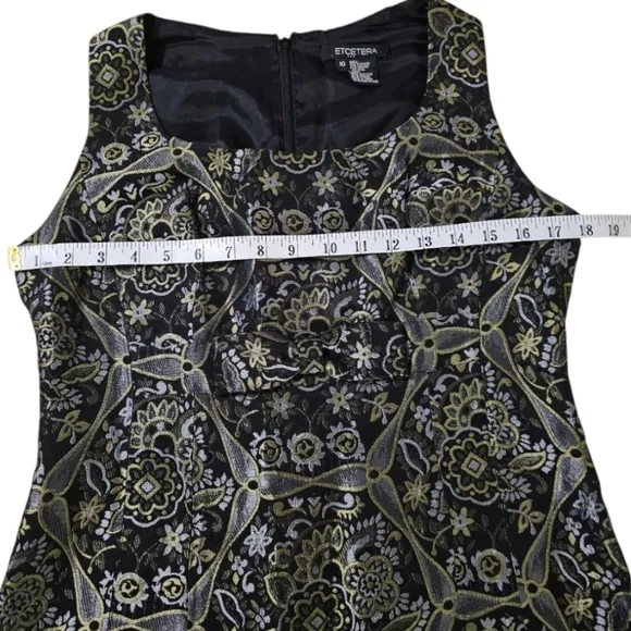 Ecetera Black Metallic Multi Jacquard Print 60's Style Babydoll Bow Fitted Dress