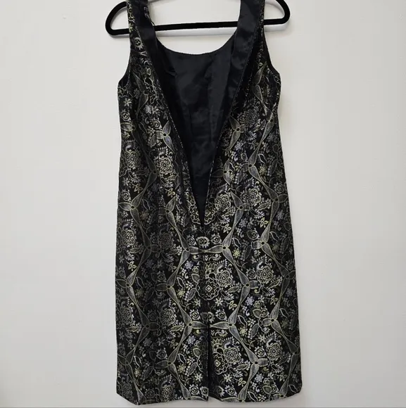 Ecetera Black Metallic Multi Jacquard Print 60's Style Babydoll Bow Fitted Dress