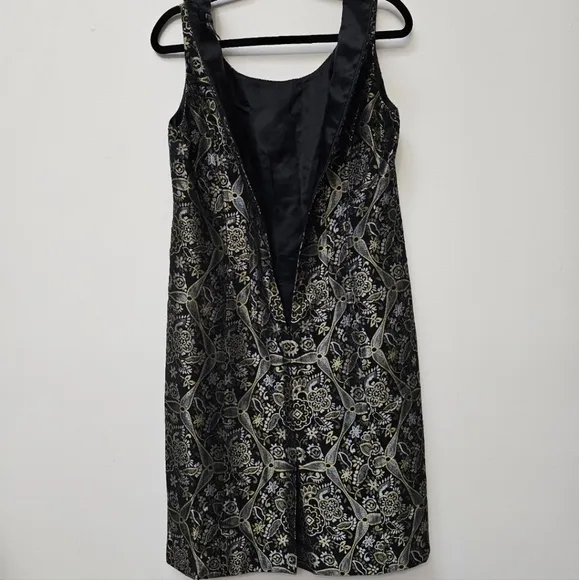 Ecetera Black Metallic Multi Jacquard Print 60's Style Babydoll Bow Fitted Dress