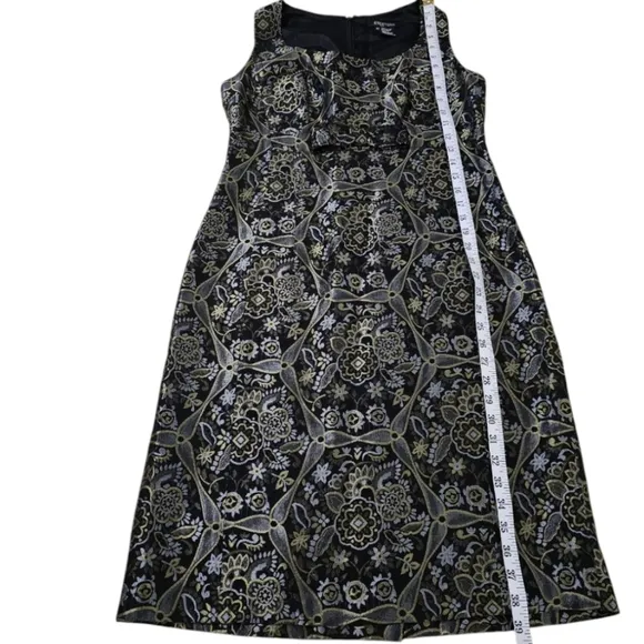 Ecetera Black Metallic Multi Jacquard Print 60's Style Babydoll Bow Fitted Dress