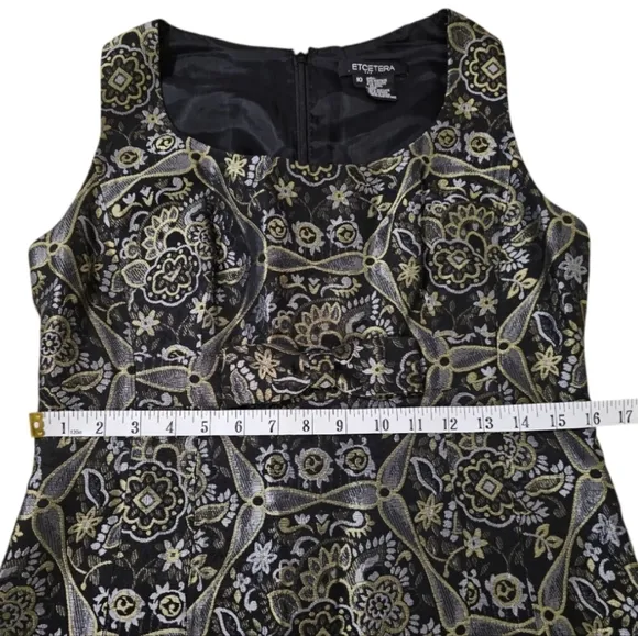 Ecetera Black Metallic Multi Jacquard Print 60's Style Babydoll Bow Fitted Dress