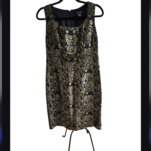 Ecetera Black Metallic Multi Jacquard Print 60's Style Babydoll Bow Fitted Dress