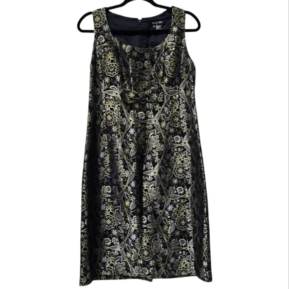 Ecetera Black Metallic Multi Jacquard Print 60's Style Babydoll Bow Fitted Dress