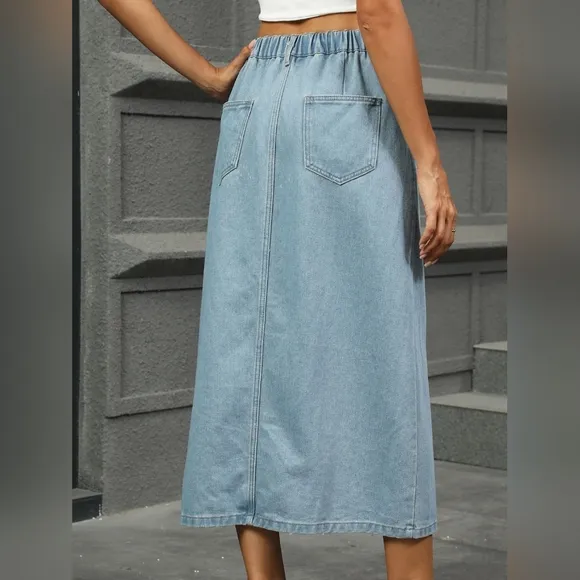 Elastic High-Rise Asymmetrical Button Waist Slit Denim Retro Jean Midi Skirt