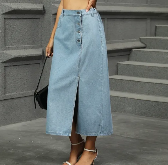 Elastic High-Rise Asymmetrical Button Waist Slit Denim Retro Jean Midi Skirt