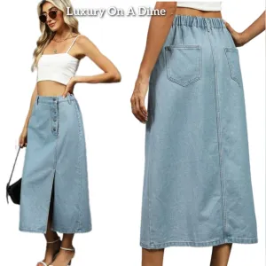 Elastic High-Rise Asymmetrical Button Waist Slit Denim Retro Jean Midi Skirt