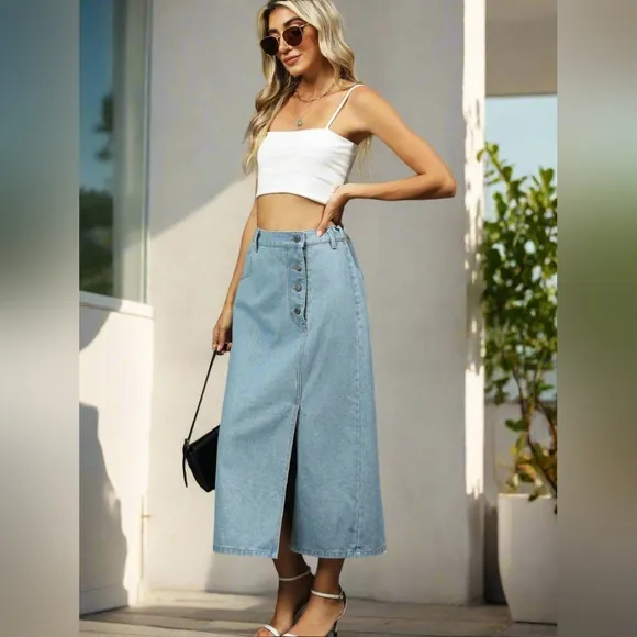 Elastic High-Rise Asymmetrical Button Waist Slit Denim Retro Jean Midi Skirt