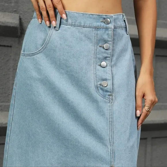 Elastic High-Rise Asymmetrical Button Waist Slit Denim Retro Jean Midi Skirt