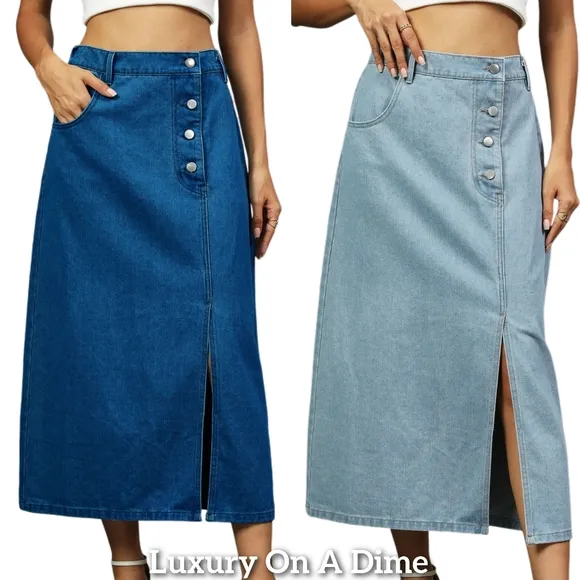 Elastic High-Rise Asymmetrical Button Waist Slit Denim Retro Jean Midi Skirt
