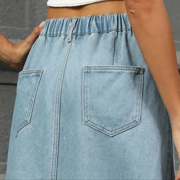 Elastic High-Rise Asymmetrical Button Waist Slit Denim Retro Jean Midi Skirt