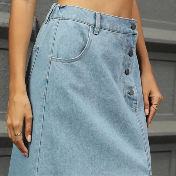 Elastic High-Rise Asymmetrical Button Waist Slit Denim Retro Jean Midi Skirt