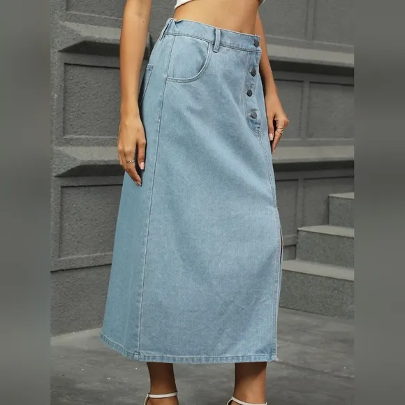 Elastic High-Rise Asymmetrical Button Waist Slit Denim Retro Jean Midi Skirt