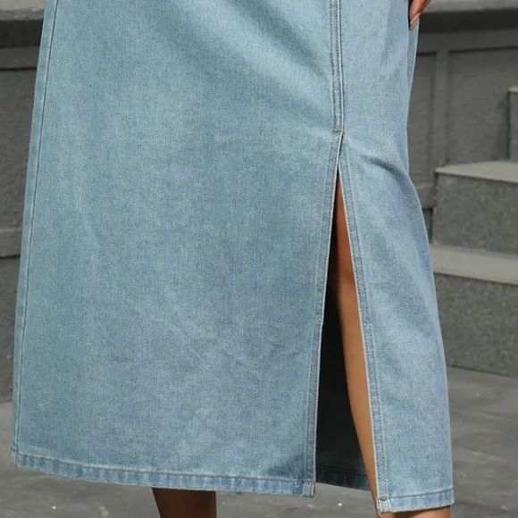 Elastic High-Rise Asymmetrical Button Waist Slit Denim Retro Jean Midi Skirt