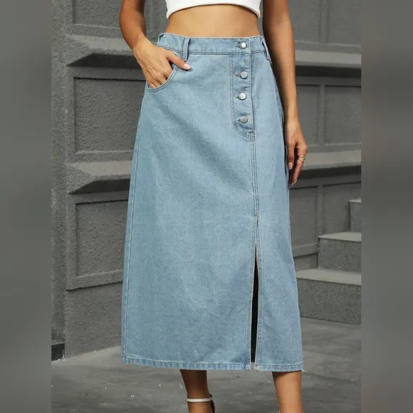 Elastic High-Rise Asymmetrical Button Waist Slit Denim Retro Jean Midi Skirt