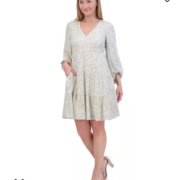 Eliza J super shiny sequin silver balloon sleeve knee length Sz8