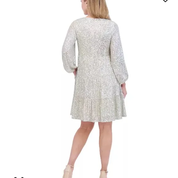Eliza J super shiny sequin silver balloon sleeve knee length Sz8