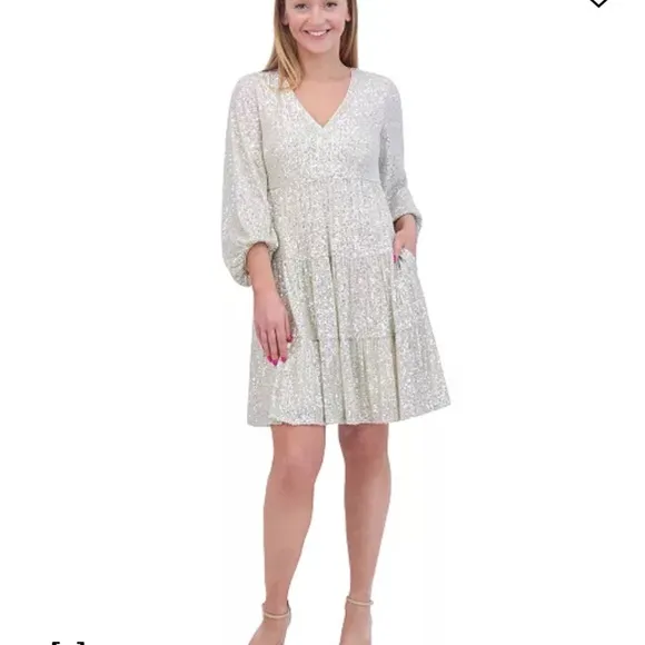 Eliza J super shiny sequin silver balloon sleeve knee length Sz8