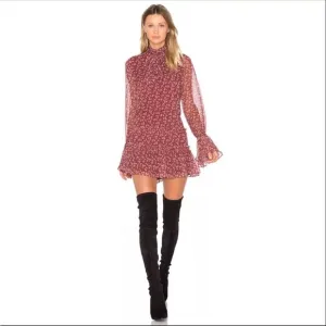 EUC Alexis Tie-Neck Mini Dress Elida Red Printed Silk Size Medium Bell Sleeve