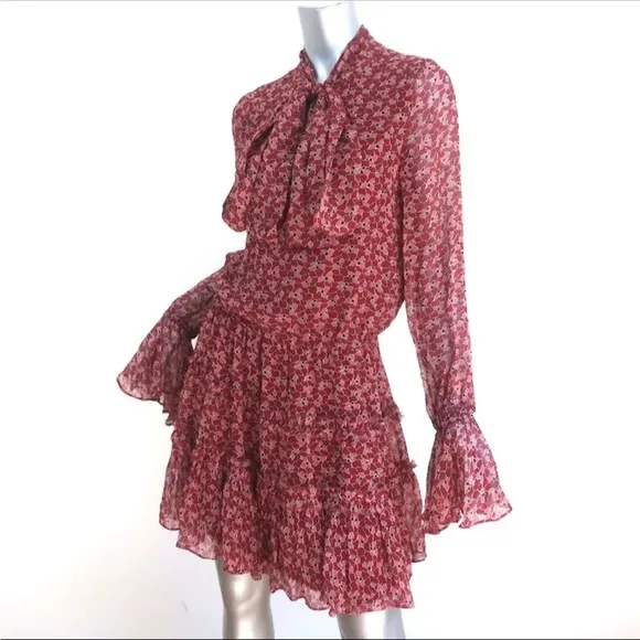 EUC Alexis Tie-Neck Mini Dress Elida Red Printed Silk Size Medium Bell Sleeve
