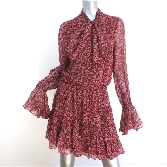 EUC Alexis Tie-Neck Mini Dress Elida Red Printed Silk Size Medium Bell Sleeve