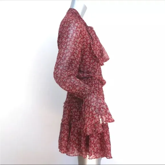 EUC Alexis Tie-Neck Mini Dress Elida Red Printed Silk Size Medium Bell Sleeve