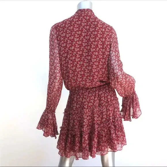 EUC Alexis Tie-Neck Mini Dress Elida Red Printed Silk Size Medium Bell Sleeve
