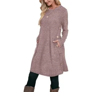 Fall and Winter Tunic Dress with Pockets Long Sleeve Crew Neck Buttons Side