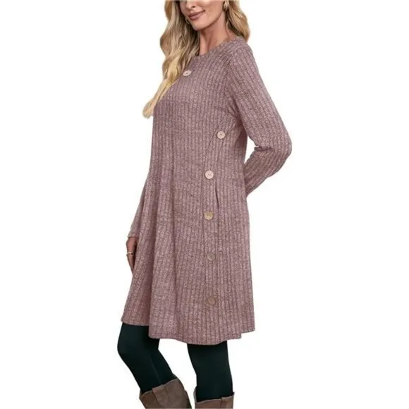 Fall and Winter Tunic Dress with Pockets Long Sleeve Crew Neck Buttons Side
